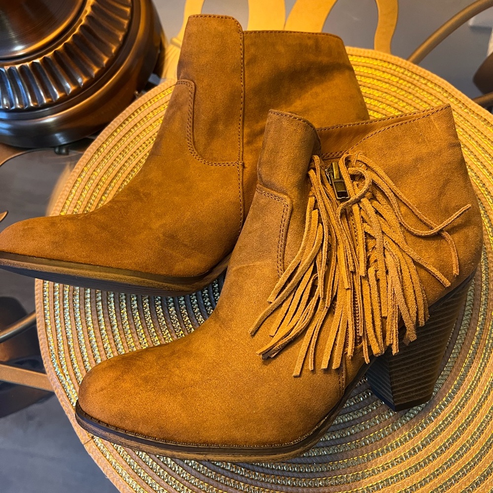 MIA Camel (Tan) suede booties, never worn, heel 3 1/2”